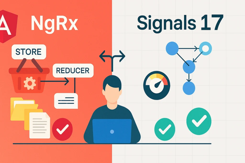 NgRx vs Signals in Angular 17 — NgRx with selectors/effects/reducers vs Signals with fine-grained reactivity and less boilerplate
