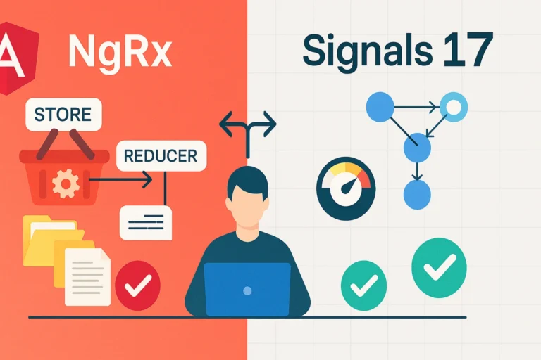 NgRx vs Signals in Angular 17 — NgRx with selectors/effects/reducers vs Signals with fine-grained reactivity and less boilerplate