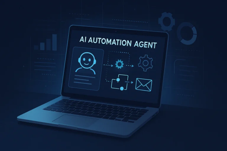 A modern laptop glowing with blue AI interface elements on a dark background, symbolizing an intelligent automation system working overnight for freelance tech professionals.