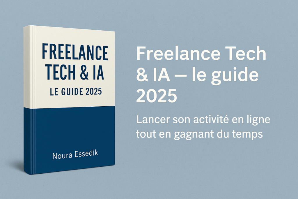 Cover of the ebook Freelance Tech & AI — The 2025 Guide by Noura Essedik, featuring a professional blue and beige design with the title in bold uppercase letters and the subtitle “Launch your online freelance business while saving time.”
