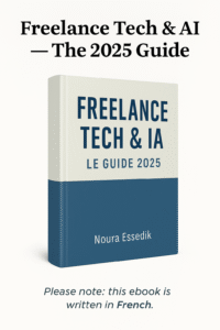 Cover of the ebook Freelance Tech & AI — The 2025 Guide by Noura Essedik, featuring a professional blue and beige design with the title in bold uppercase letters and the subtitle “Launch your online freelance business while saving time.”