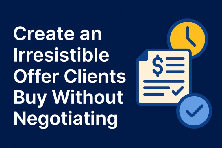Feature image showing the title about creating an irresistible freelance offer, with clock and document icons on a dark blue background.