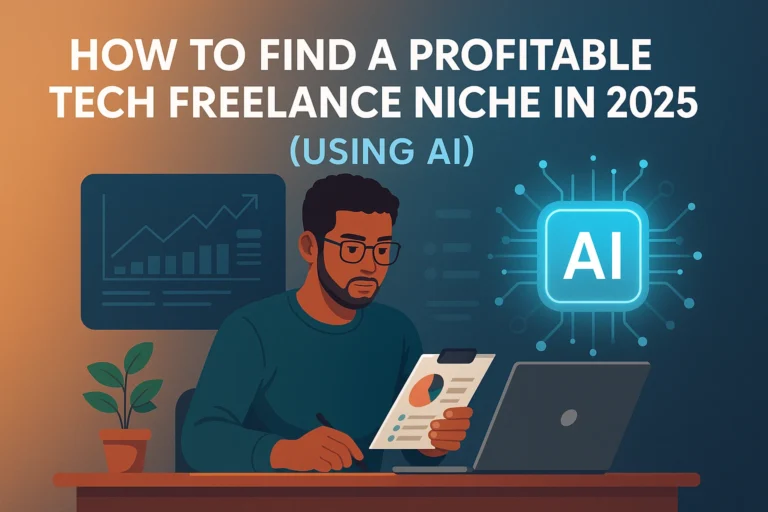 Digital illustration of a tech freelancer analyzing data with AI tools, representing how to find a profitable tech freelance niche in 2025 using artificial intelligence.