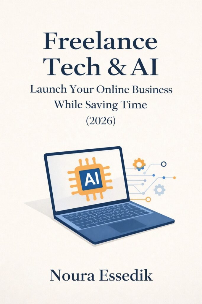 Cover of the ebook Freelance Tech & AI: Launch Your Online Business While Saving Time (2026) by Noura Essedik, featuring a laptop with an AI chip illustration.