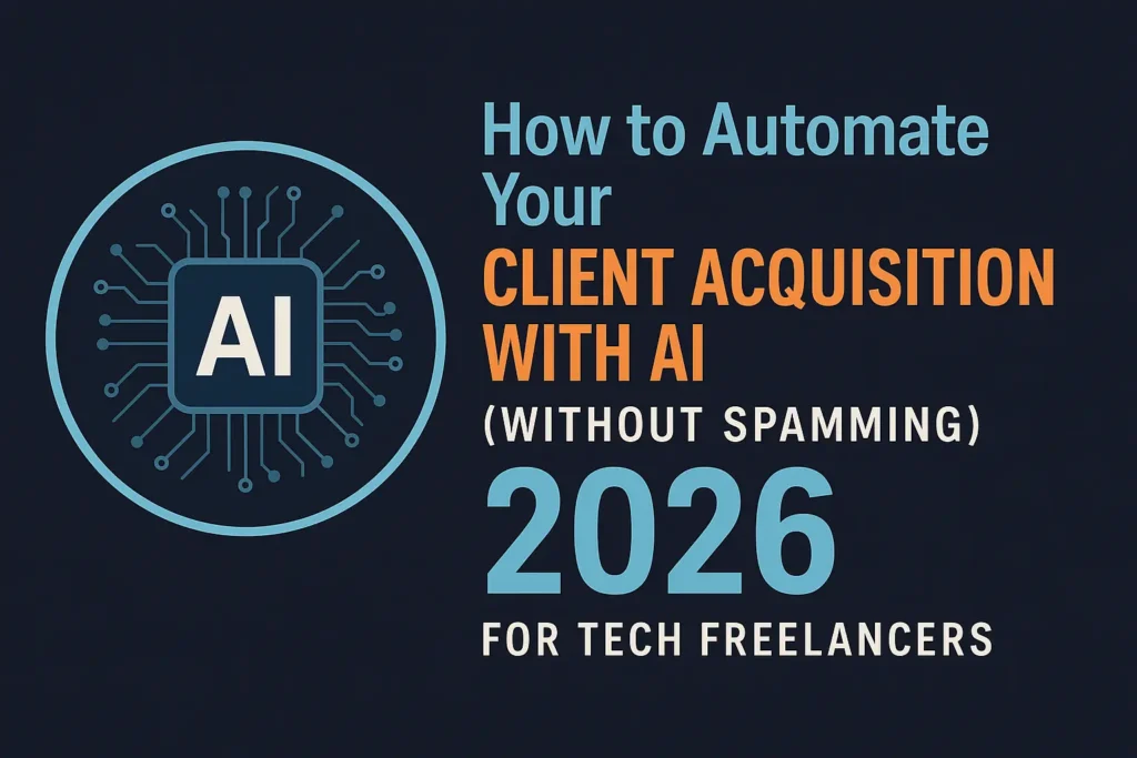 AI-powered system for automating client acquisition in 2026 for tech freelancers, showing a digital microchip and bold typography on a dark background.