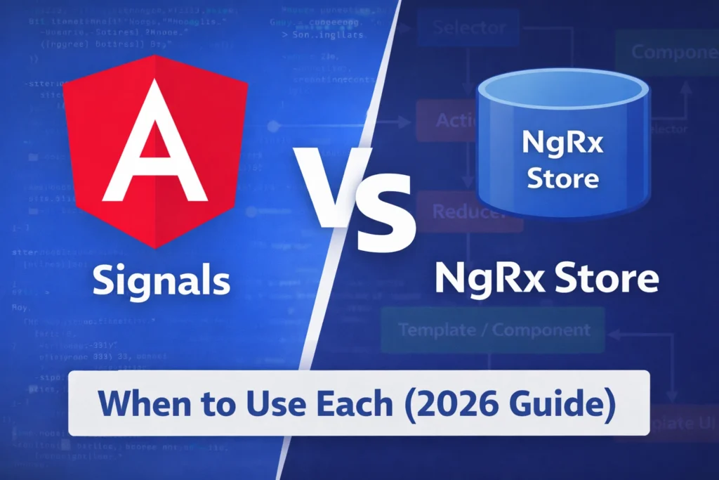 Angular Signals vs NgRx Store comparison showing when to use each state management approach in Angular (2026 guide)