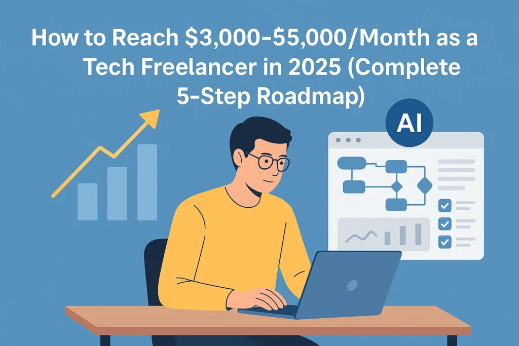 Illustration of a tech freelancer working on a laptop with AI workflow charts and growth graphics, representing a roadmap to earning $3,000–$5,000 per month in 2025.