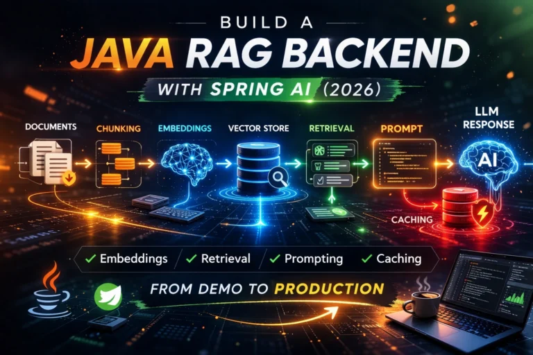 Futuristic feature image for a Java RAG backend tutorial with Spring AI, showing a step-by-step pipeline from documents and chunking to embeddings, vector store, retrieval, prompt, LLM response, and caching.